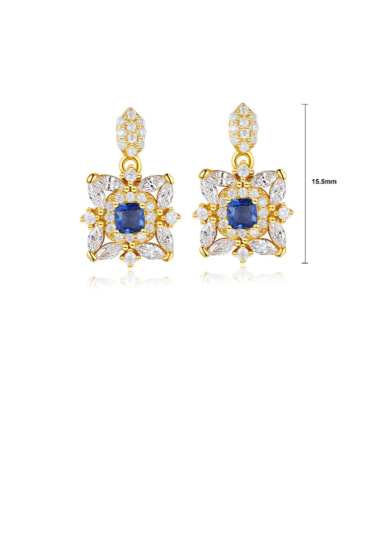 925 Sterling Silver Plated Gold Fashion Bright Geometric Pattern Earrings with Blue Cubic Zirconia - Luxurious Look