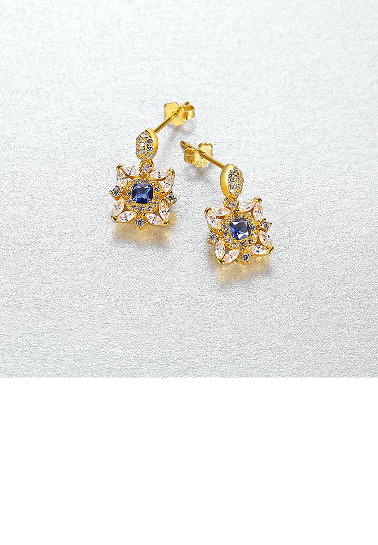 925 Sterling Silver Plated Gold Fashion Bright Geometric Pattern Earrings with Blue Cubic Zirconia - Luxurious Look