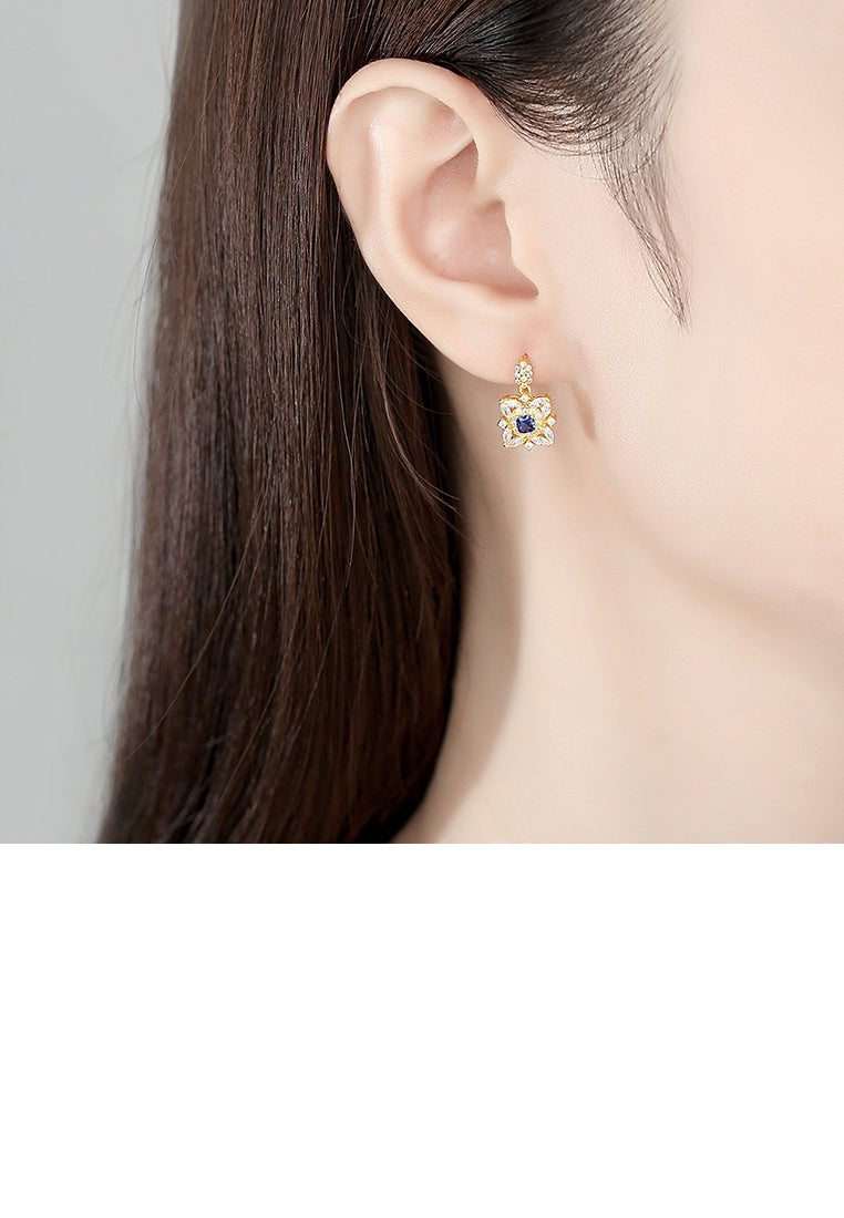 925 Sterling Silver Plated Gold Fashion Bright Geometric Pattern Earrings with Blue Cubic Zirconia - Luxurious Look