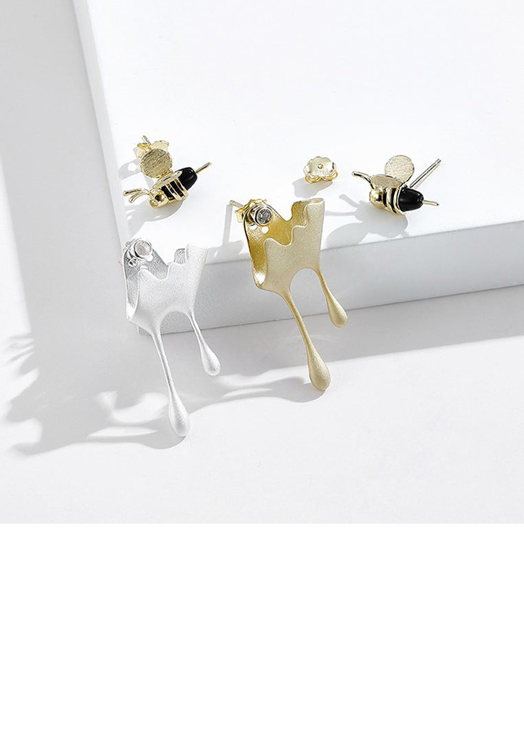 925 Sterling Silver Cute Creative Bee Water Drop Asymmetrical Stud Earrings with Pink Cubic Zirconia - Luxurious Look - Vibrant Color