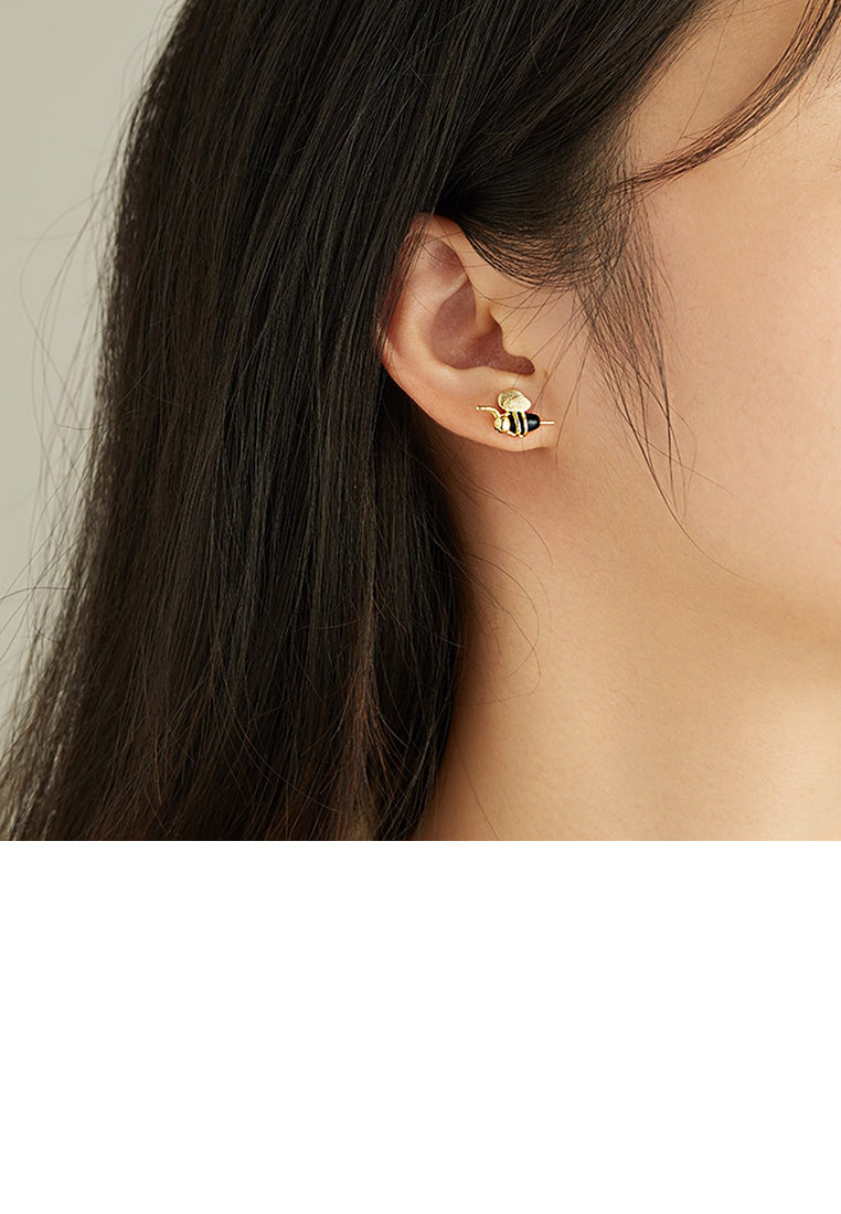 925 Sterling Silver Cute Creative Bee Water Drop Asymmetrical Stud Earrings with Pink Cubic Zirconia - Luxurious Look - Vibrant Color