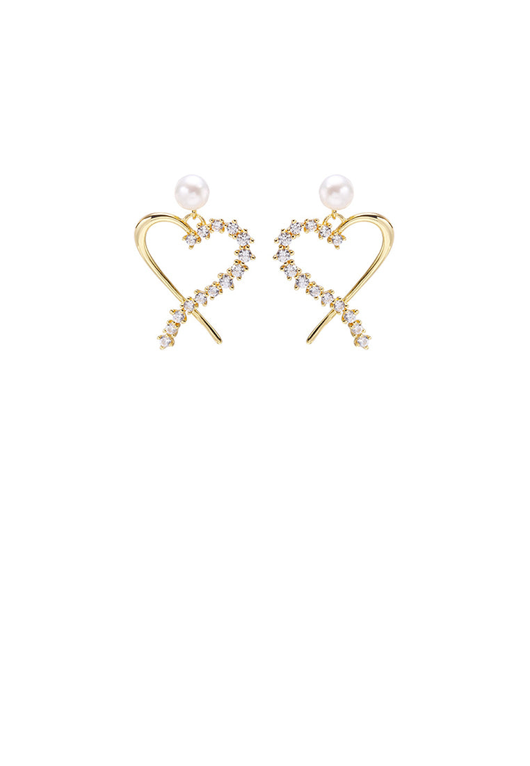 925 Sterling Silver Plated Gold Simple and Sweet Hollow Heart-shaped Freshwater Pearl Stud Earrings with Cubic Zirconia - Luxurious Look