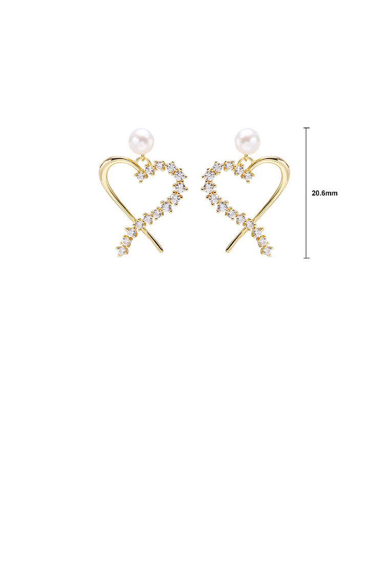 925 Sterling Silver Plated Gold Simple and Sweet Hollow Heart-shaped Freshwater Pearl Stud Earrings with Cubic Zirconia - Luxurious Look