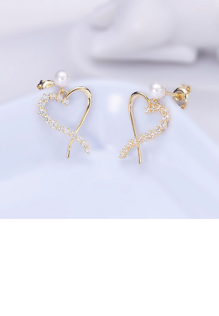 925 Sterling Silver Plated Gold Simple and Sweet Hollow Heart-shaped Freshwater Pearl Stud Earrings with Cubic Zirconia - Luxurious Look