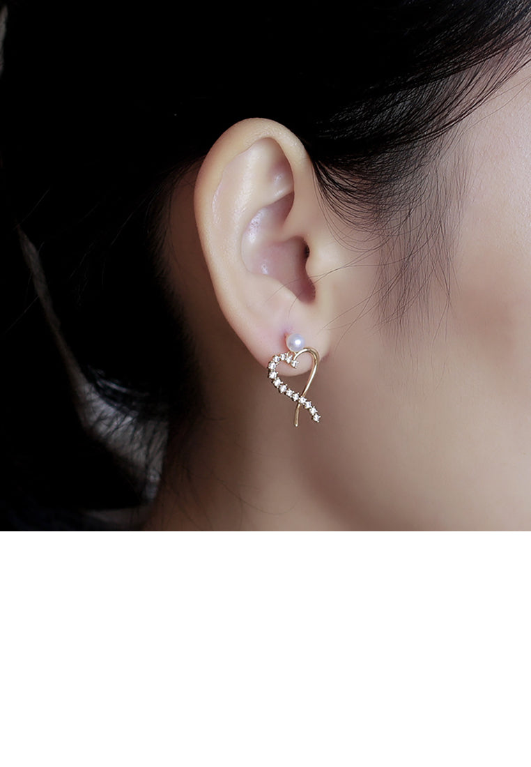 925 Sterling Silver Plated Gold Simple and Sweet Hollow Heart-shaped Freshwater Pearl Stud Earrings with Cubic Zirconia - Luxurious Look