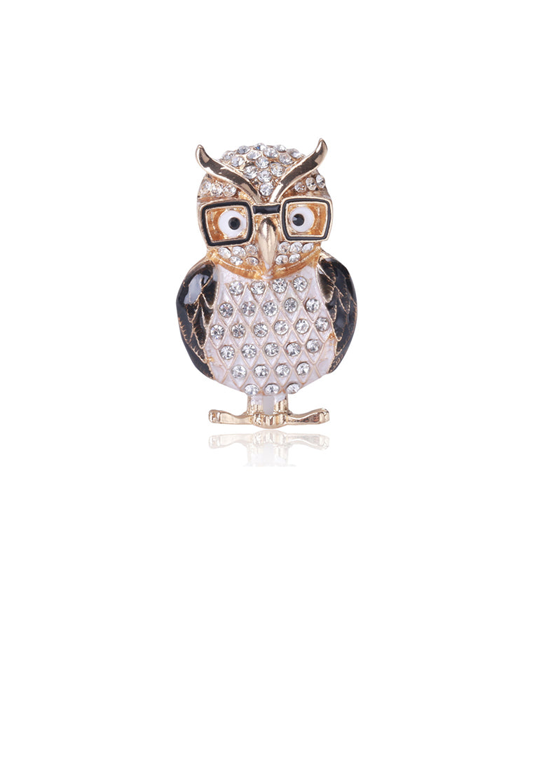 Simple and Cute Plated Gold Enamel Black Owl Brooch with Cubic Zirconia - Luxurious Look