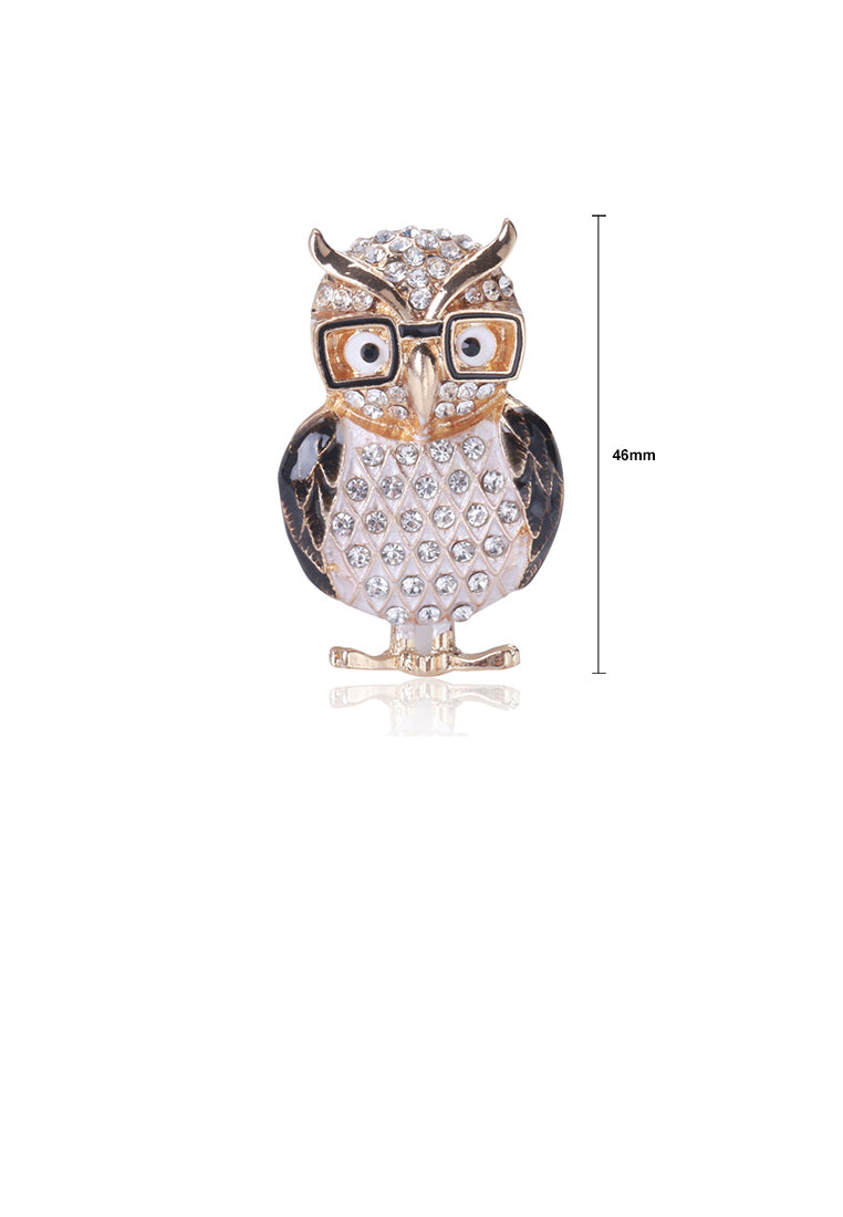 Simple and Cute Plated Gold Enamel Black Owl Brooch with Cubic Zirconia - Luxurious Look
