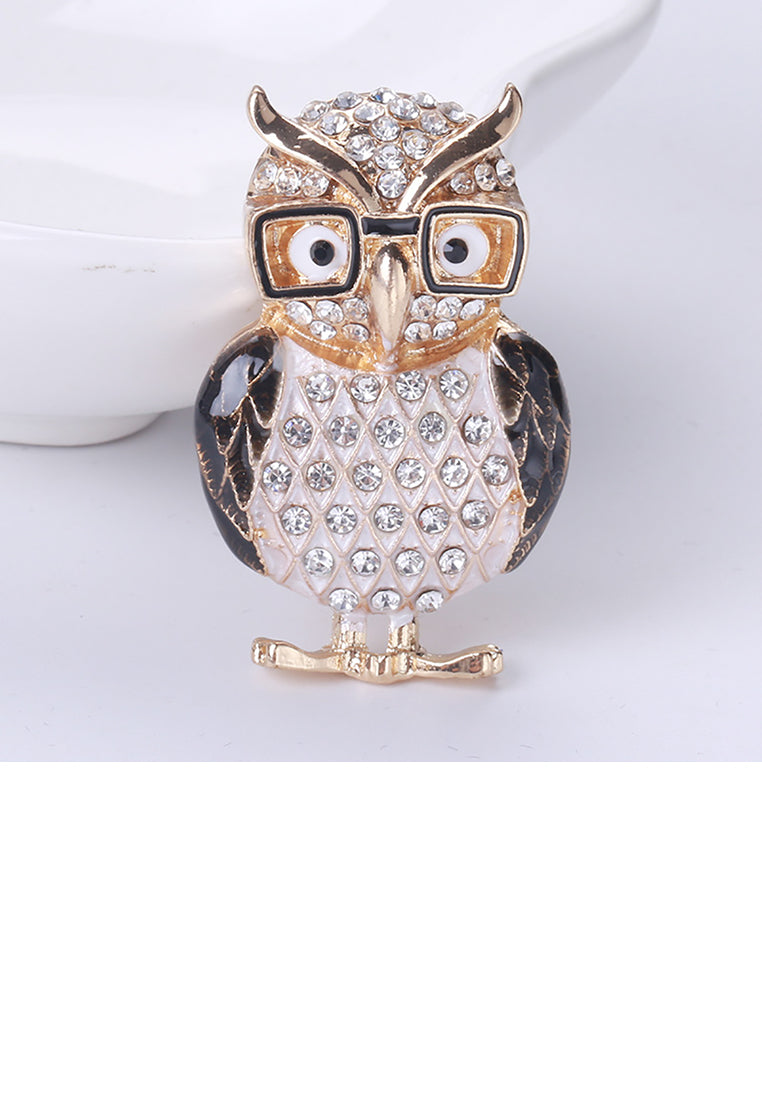 Simple and Cute Plated Gold Enamel Black Owl Brooch with Cubic Zirconia - Luxurious Look