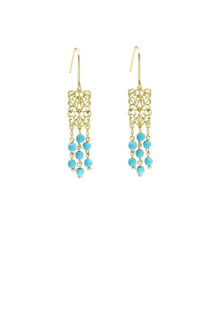 925 Sterling Silver Plated Gold Elegant Vintage Hollow Pattern Geometric Tassel Earrings with Imitation Turquoise