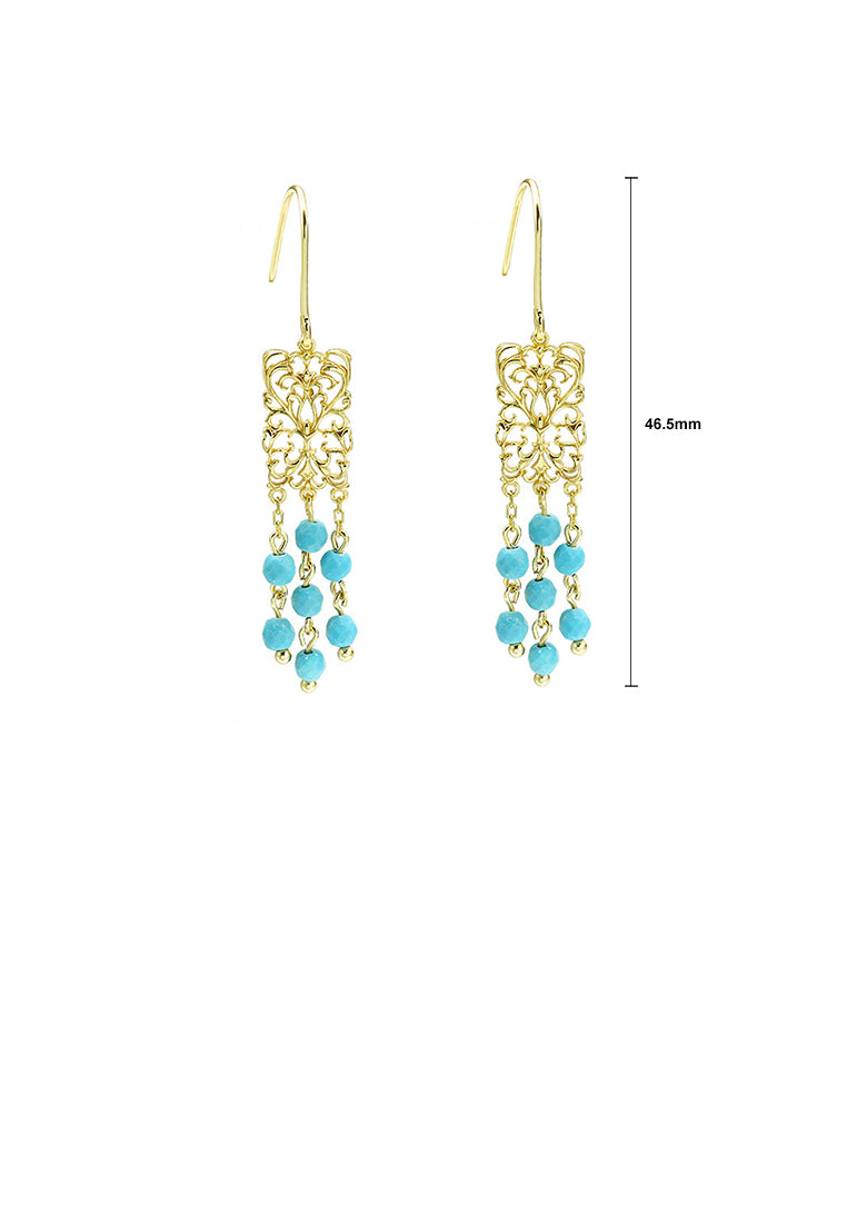 925 Sterling Silver Plated Gold Elegant Vintage Hollow Pattern Geometric Tassel Earrings with Imitation Turquoise