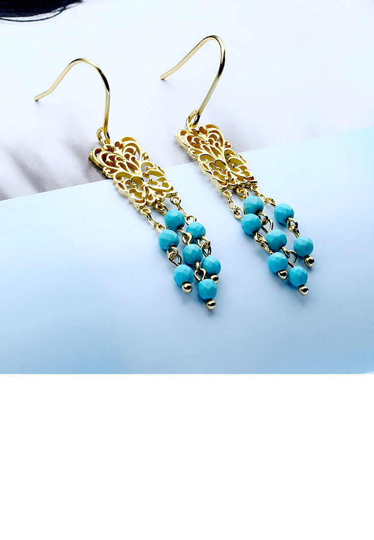 925 Sterling Silver Plated Gold Elegant Vintage Hollow Pattern Geometric Tassel Earrings with Imitation Turquoise