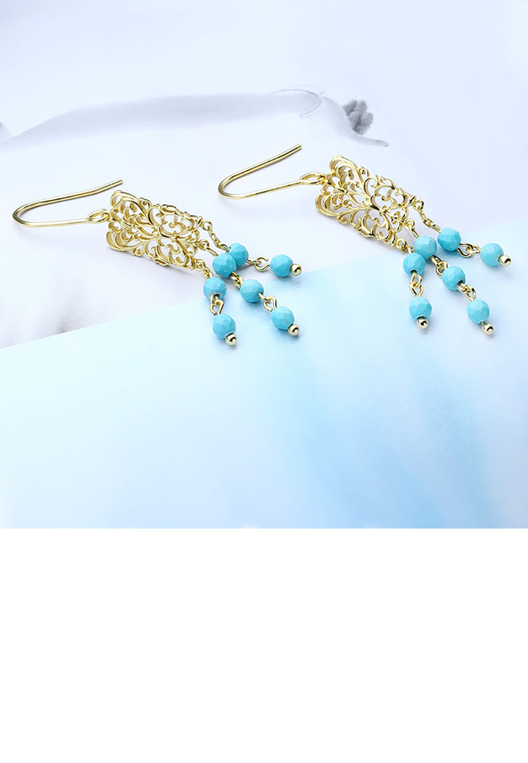 925 Sterling Silver Plated Gold Elegant Vintage Hollow Pattern Geometric Tassel Earrings with Imitation Turquoise