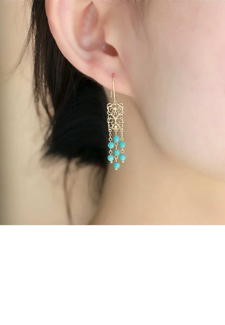 925 Sterling Silver Plated Gold Elegant Vintage Hollow Pattern Geometric Tassel Earrings with Imitation Turquoise