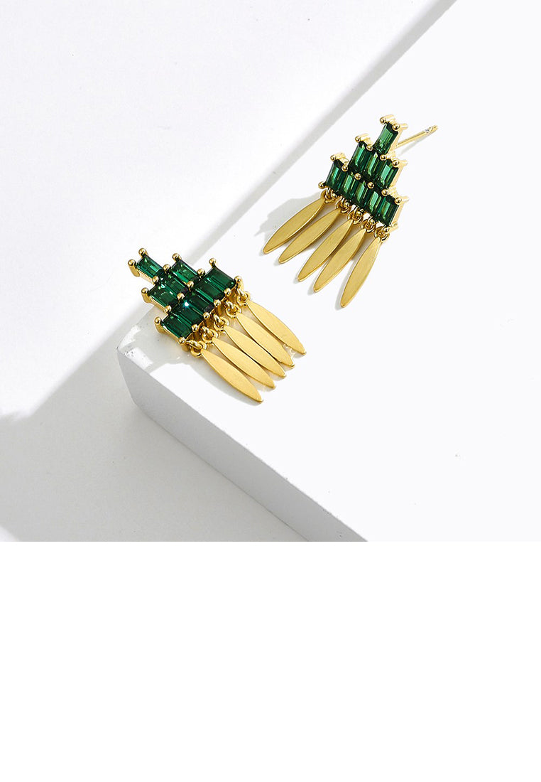 Fashion and Elegant Plated Gold Three-layer Geometric Rectangular Tassel Earrings with Cubic Zirconia - Luxurious Look