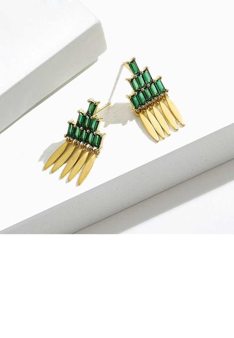 Fashion and Elegant Plated Gold Three-layer Geometric Rectangular Tassel Earrings with Cubic Zirconia - Luxurious Look