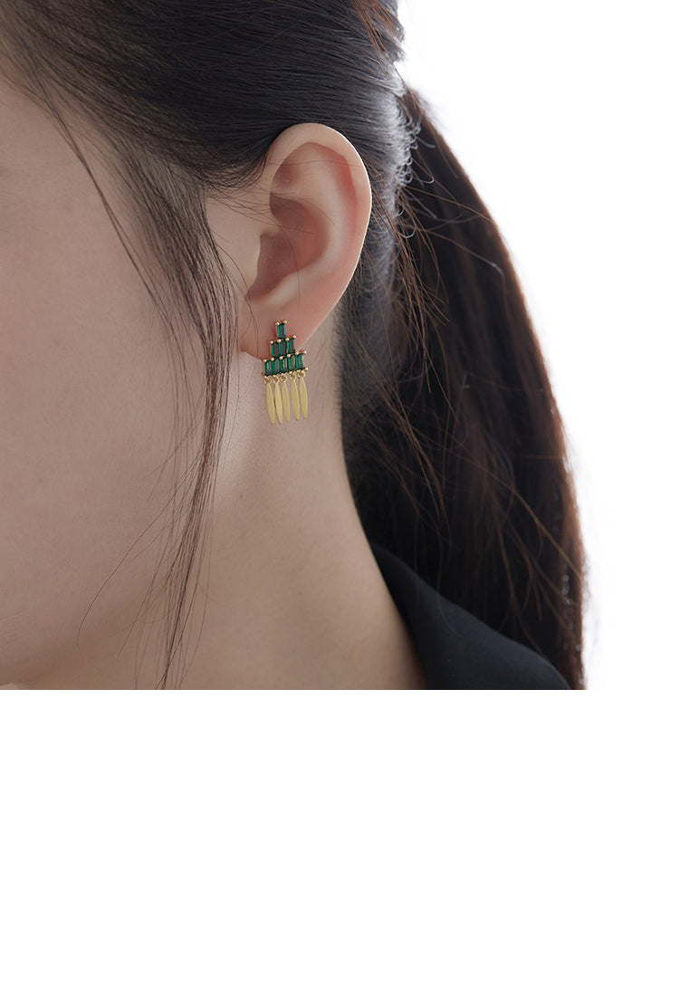Fashion and Elegant Plated Gold Three-layer Geometric Rectangular Tassel Earrings with Cubic Zirconia - Luxurious Look