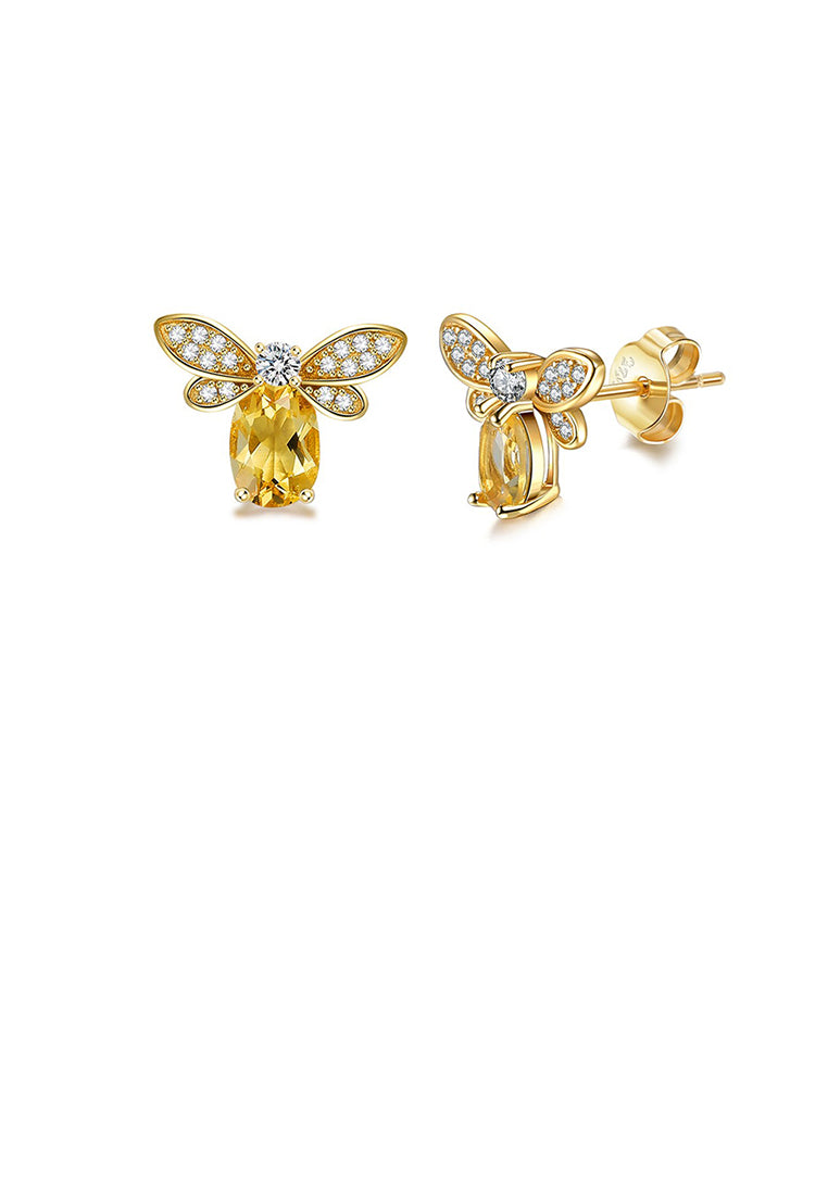 925 Sterling Silver Plated Gold Simple Cute Bee Stud Earrings with Cubic Zirconia - Luxurious Look