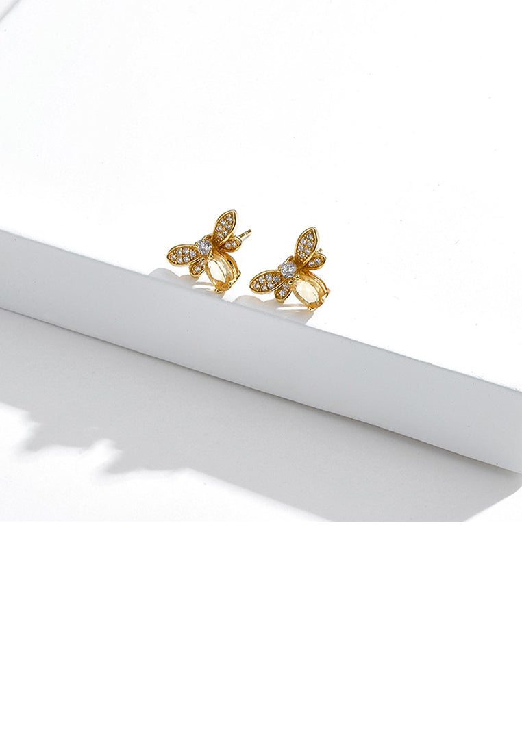 925 Sterling Silver Plated Gold Simple Cute Bee Stud Earrings with Cubic Zirconia - Luxurious Look
