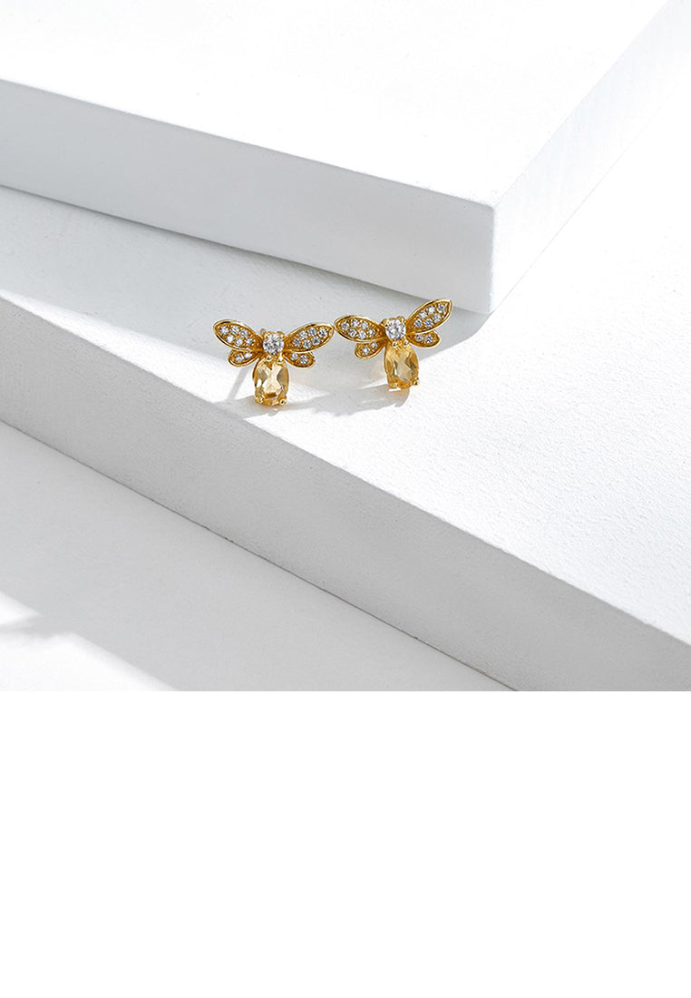 925 Sterling Silver Plated Gold Simple Cute Bee Stud Earrings with Cubic Zirconia - Luxurious Look