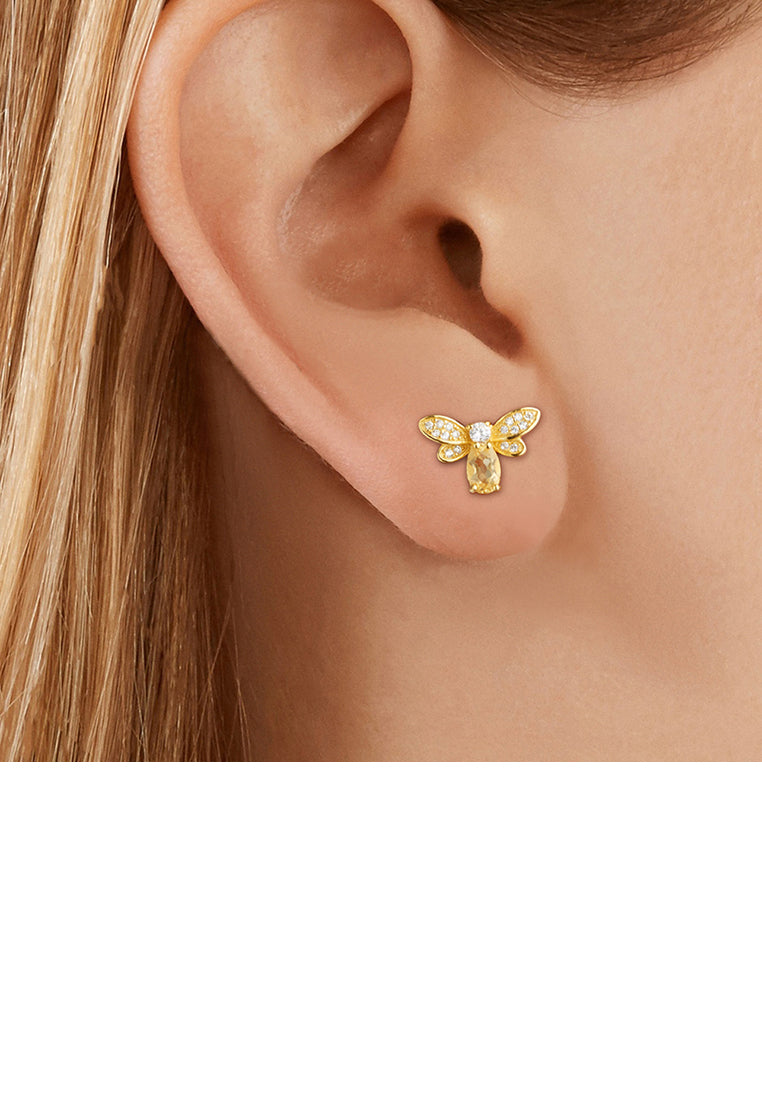 925 Sterling Silver Plated Gold Simple Cute Bee Stud Earrings with Cubic Zirconia - Luxurious Look
