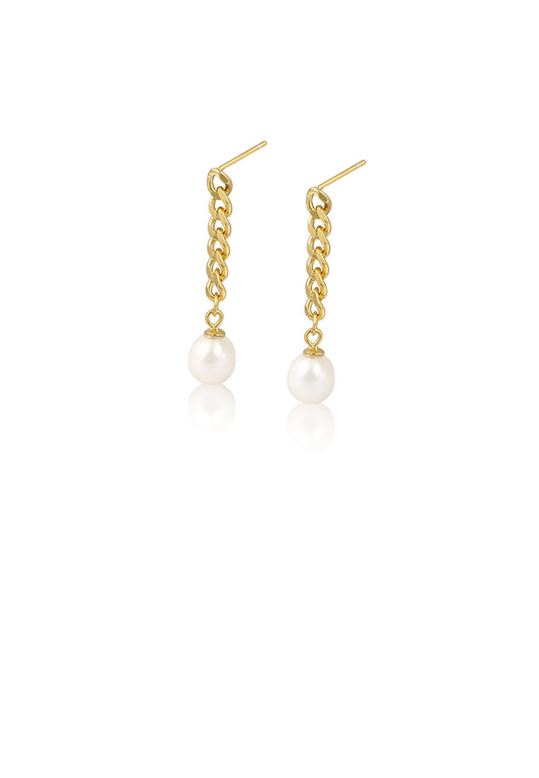 925 Sterling Silver Plated Gold Fashion Simple Chain Freshwater Pearl Tassel Earrings - Luxurious Look