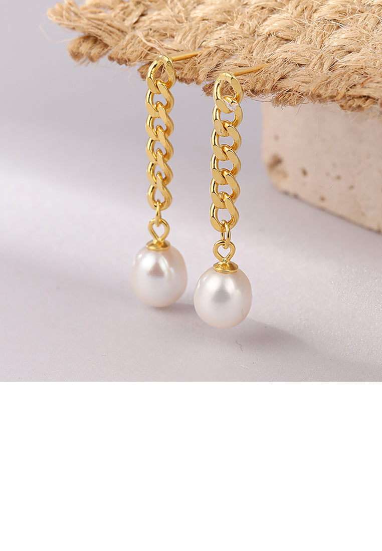 925 Sterling Silver Plated Gold Fashion Simple Chain Freshwater Pearl Tassel Earrings - Luxurious Look