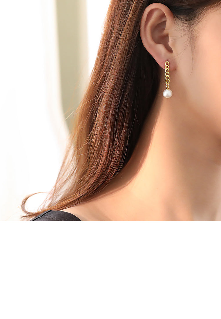 925 Sterling Silver Plated Gold Fashion Simple Chain Freshwater Pearl Tassel Earrings - Luxurious Look