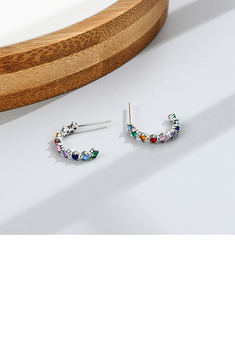 925 Sterling Silver Fashion Simple Geometric Round Stud Earrings with Colored Cubic Zirconia - Luxurious Look