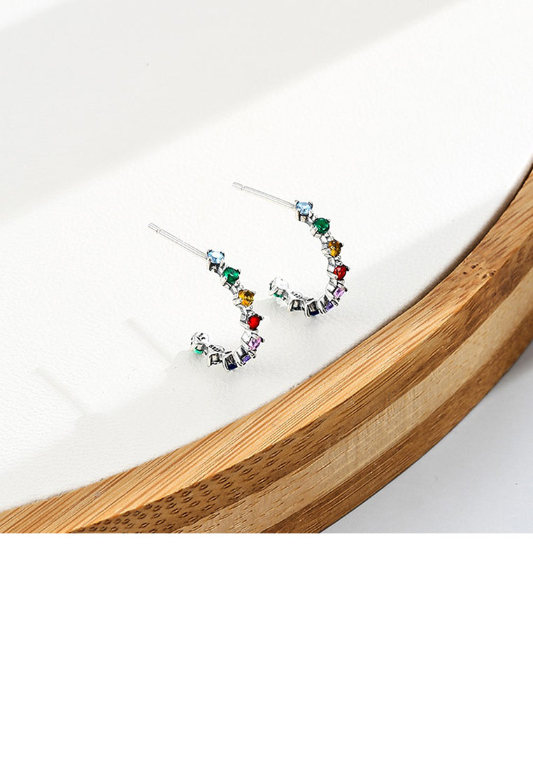 925 Sterling Silver Fashion Simple Geometric Round Stud Earrings with Colored Cubic Zirconia - Luxurious Look