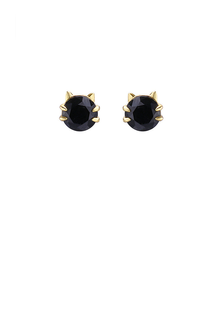 925 Sterling Silver Simple Cute Cat Stud Earrings with Black Cubic Zirconia - Luxurious Look