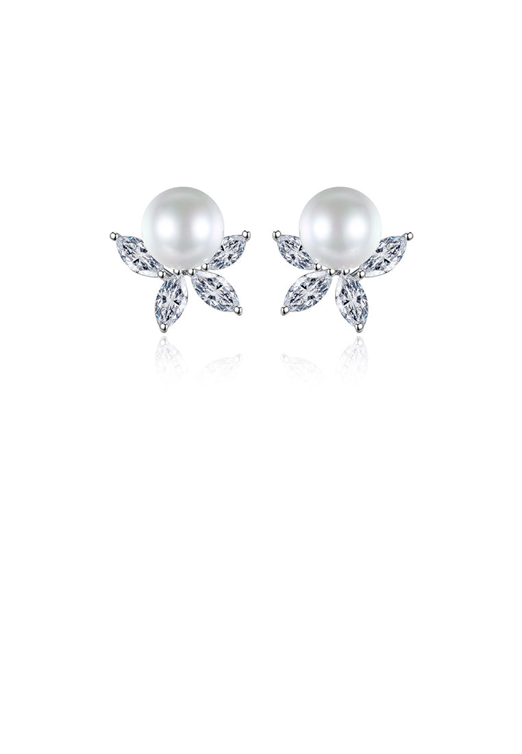 Simple Temperament Leaf Imitation Pearl Stud Earrings with Cubic Zirconia - Luxurious Look