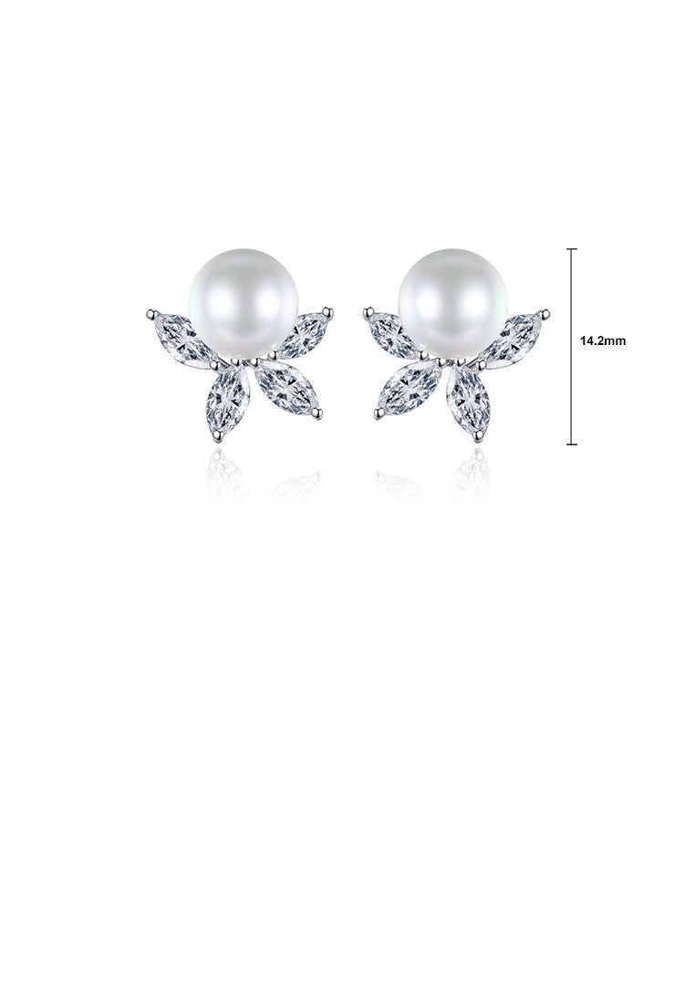 Simple Temperament Leaf Imitation Pearl Stud Earrings with Cubic Zirconia - Luxurious Look