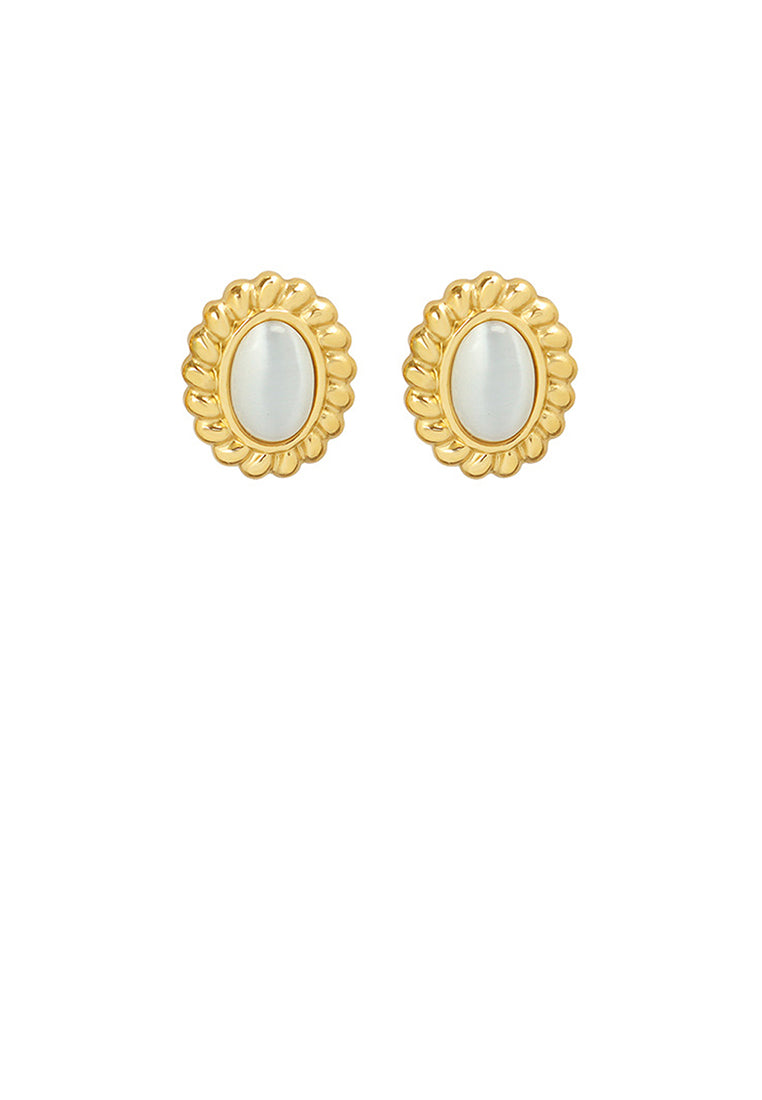 Fashion Simple Plated Gold 316L Stainless Steel Lace Geometric Oval Stud Earrings with Imitation Opal