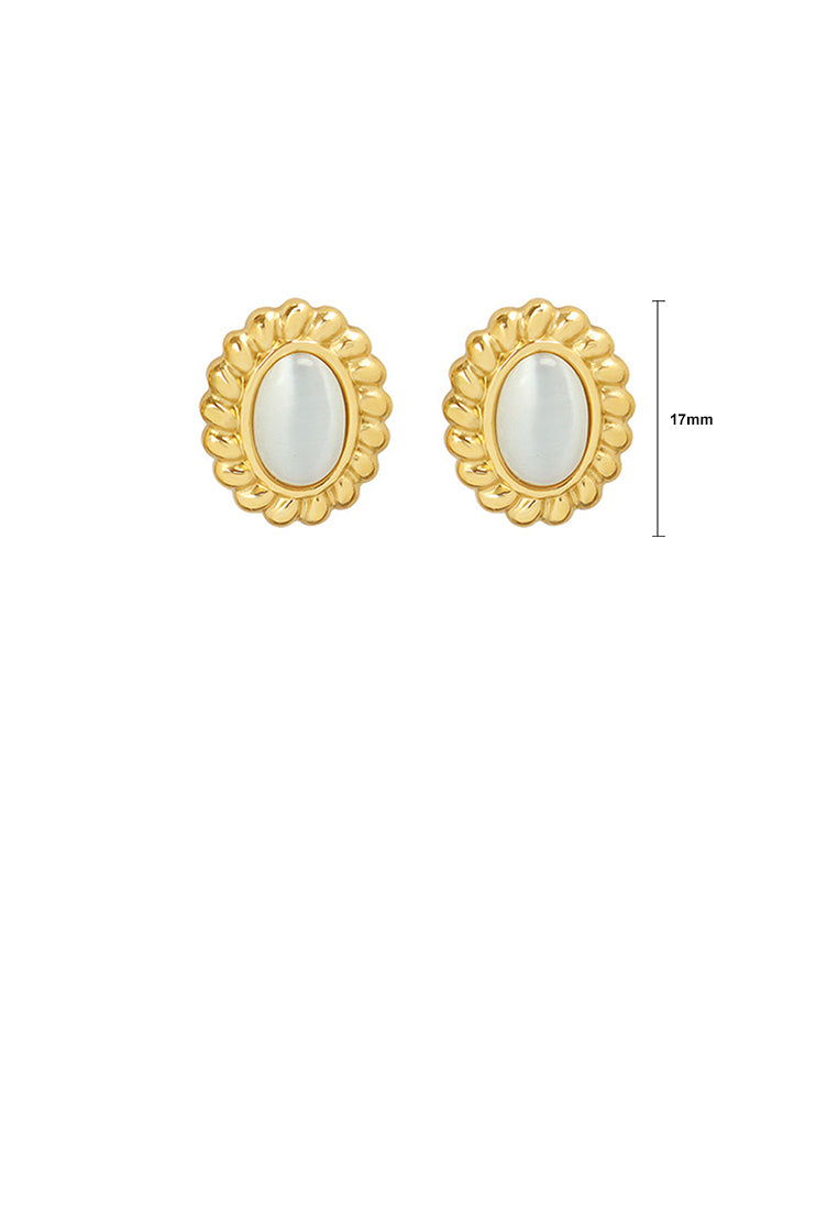 Fashion Simple Plated Gold 316L Stainless Steel Lace Geometric Oval Stud Earrings with Imitation Opal