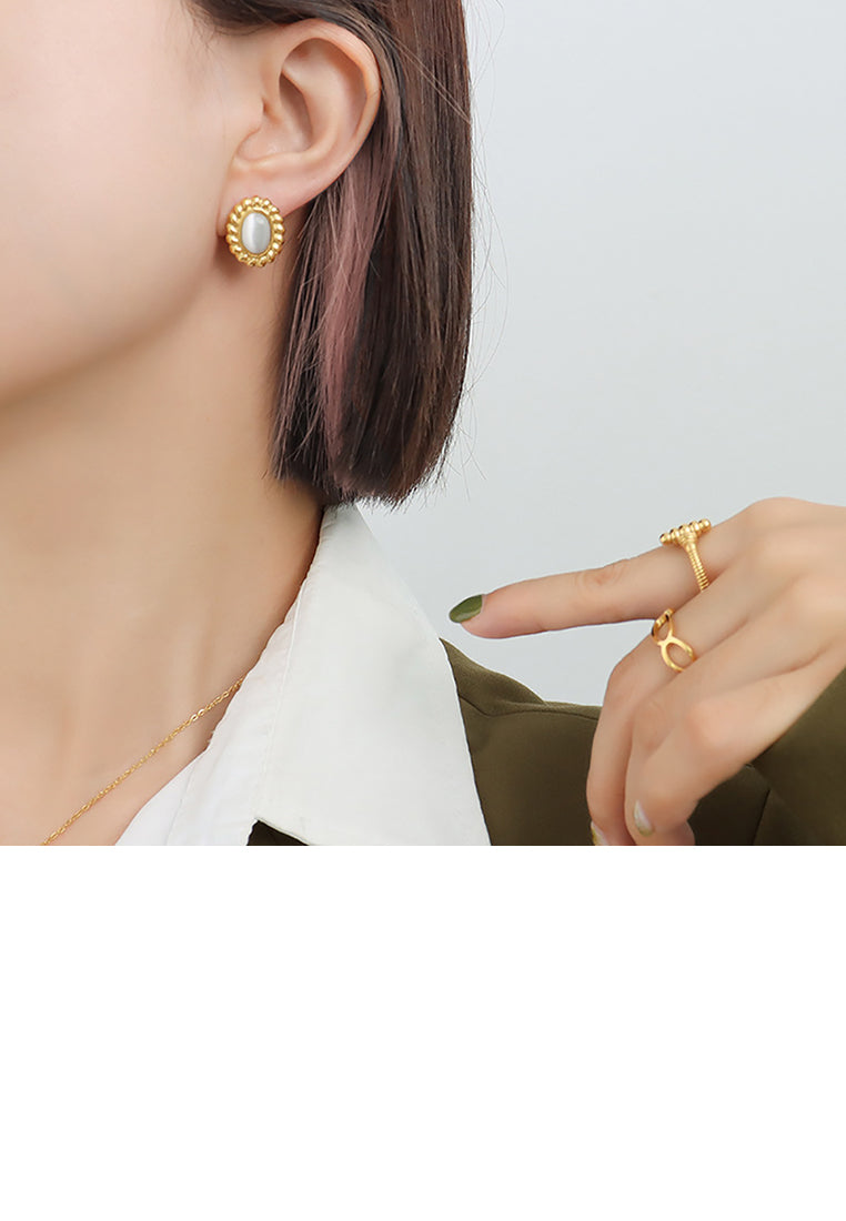 Fashion Simple Plated Gold 316L Stainless Steel Lace Geometric Oval Stud Earrings with Imitation Opal