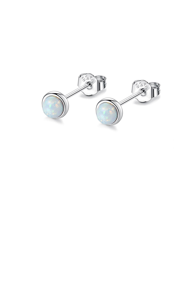 925 Sterling Silver Simple Fashion Geometric Round White Opal Stud Earrings