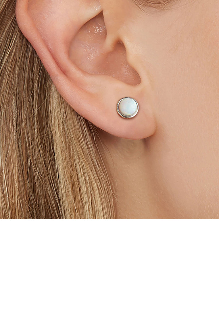 925 Sterling Silver Simple Fashion Geometric Round White Opal Stud Earrings