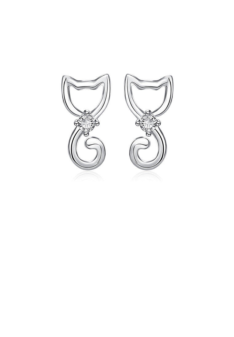 925 Sterling Silver Simple Cute Cat Cubic Zirconia Stud Earrings - Luxurious Look