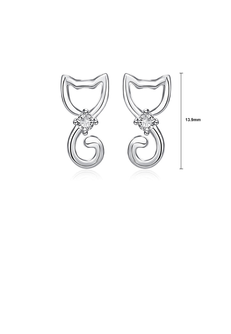 925 Sterling Silver Simple Cute Cat Cubic Zirconia Stud Earrings - Luxurious Look