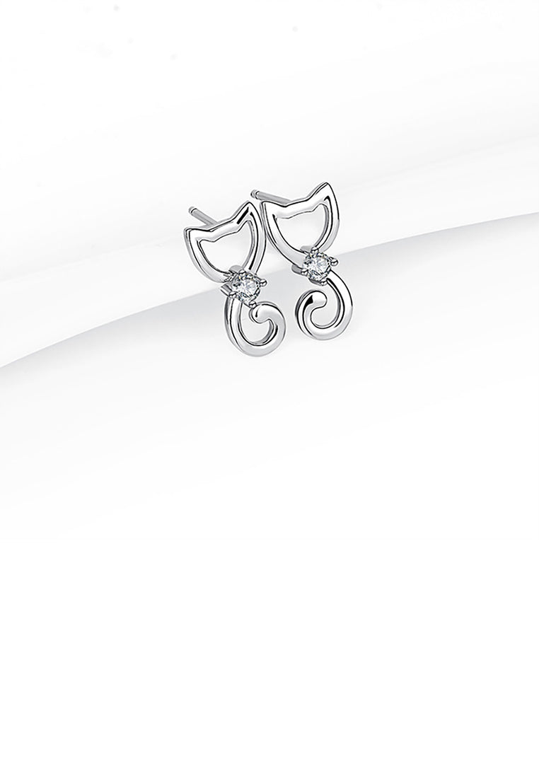 925 Sterling Silver Simple Cute Cat Cubic Zirconia Stud Earrings - Luxurious Look