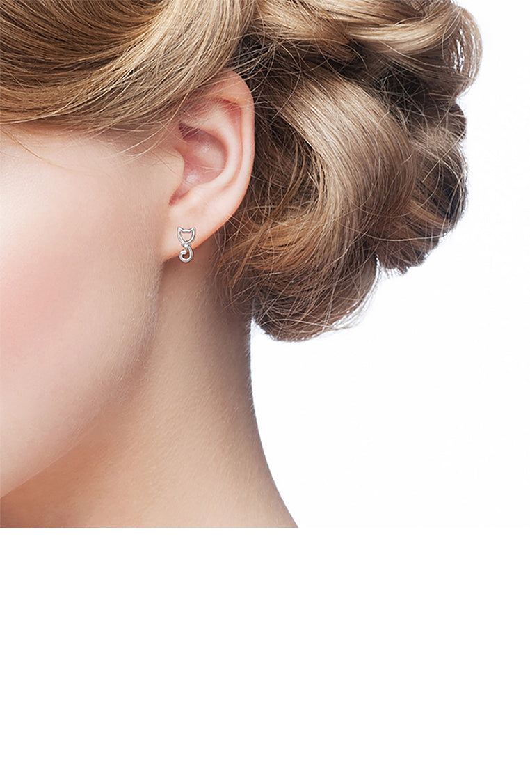 925 Sterling Silver Simple Cute Cat Cubic Zirconia Stud Earrings - Luxurious Look