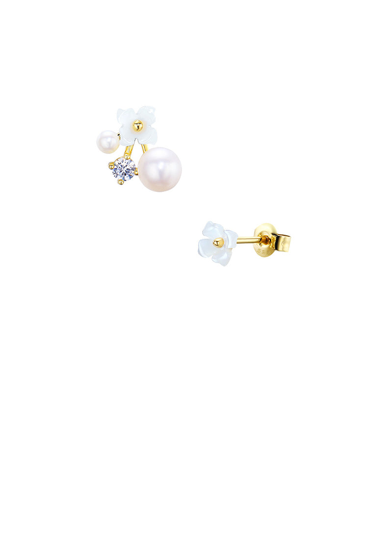 925 Sterling Silver Plated Gold Simple Temperament Flower Freshwater Pearl Asymmetrical Stud Earrings with Cubic Zirconia - Luxurious Look