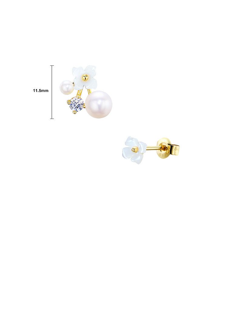 925 Sterling Silver Plated Gold Simple Temperament Flower Freshwater Pearl Asymmetrical Stud Earrings with Cubic Zirconia - Luxurious Look