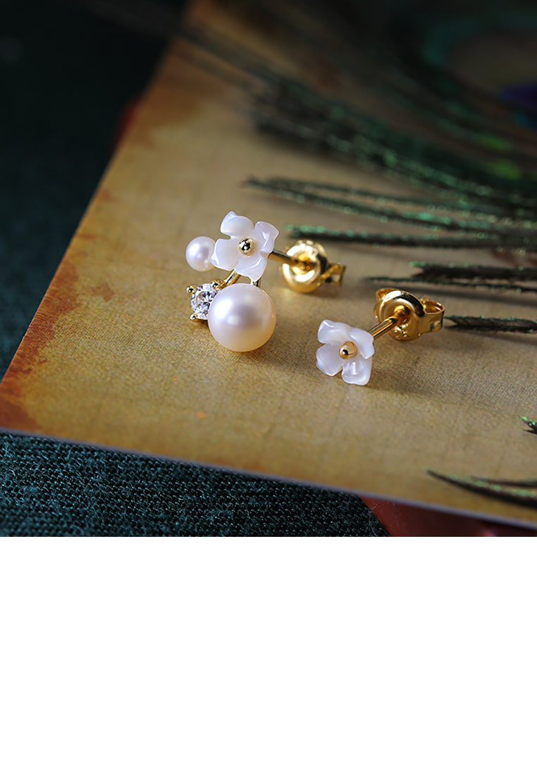 925 Sterling Silver Plated Gold Simple Temperament Flower Freshwater Pearl Asymmetrical Stud Earrings with Cubic Zirconia - Luxurious Look