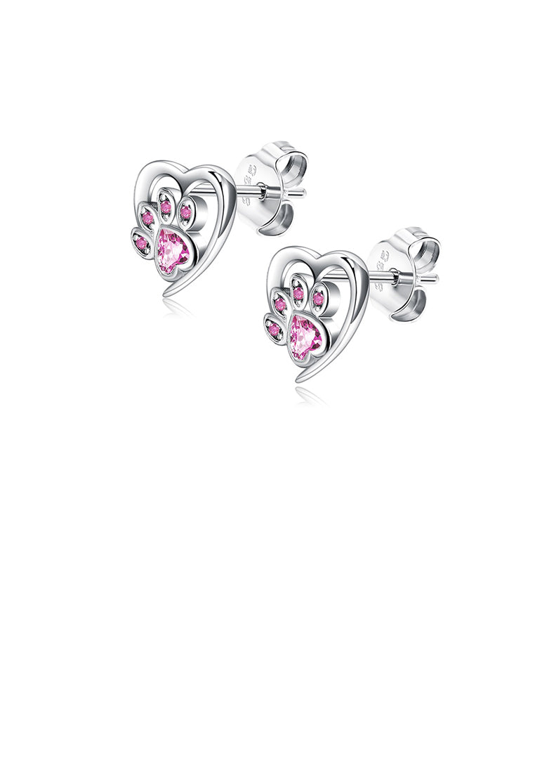 925 Sterling Silver Simple and Cute Heart-shaped Dog Claw Stud Earrings with Pink Cubic Zirconia - Luxurious Look - Vibrant Color