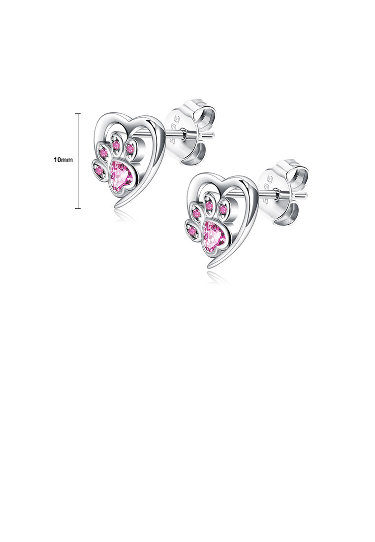 925 Sterling Silver Simple and Cute Heart-shaped Dog Claw Stud Earrings with Pink Cubic Zirconia - Luxurious Look - Vibrant Color