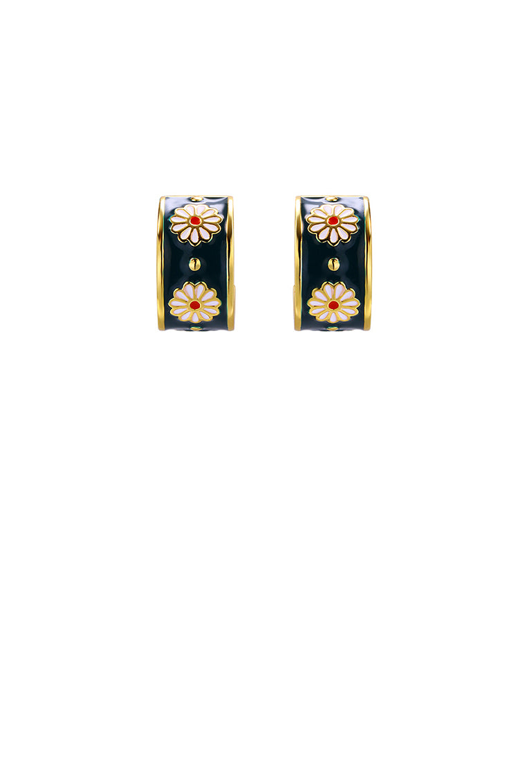 Vintage Elegant Plated Gold Enamel Small Daisy Geometric Round Stud Earrings
