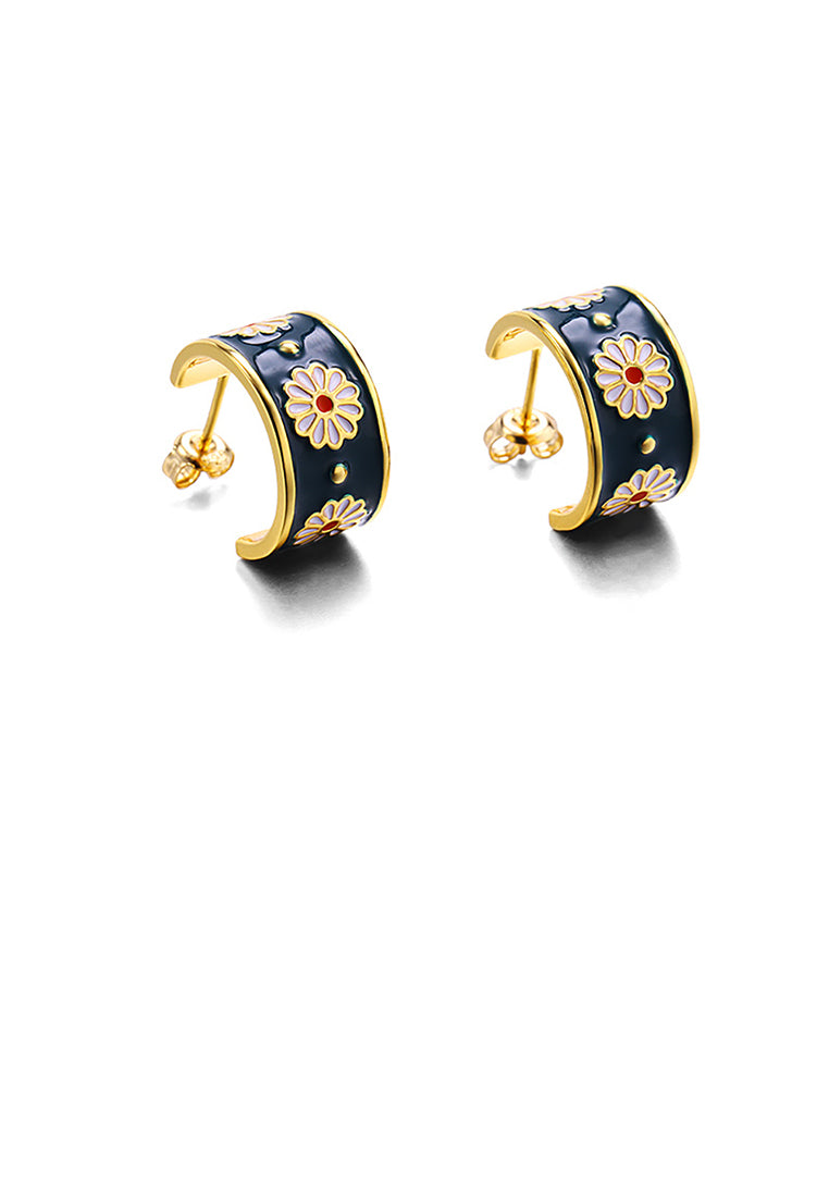 Vintage Elegant Plated Gold Enamel Small Daisy Geometric Round Stud Earrings