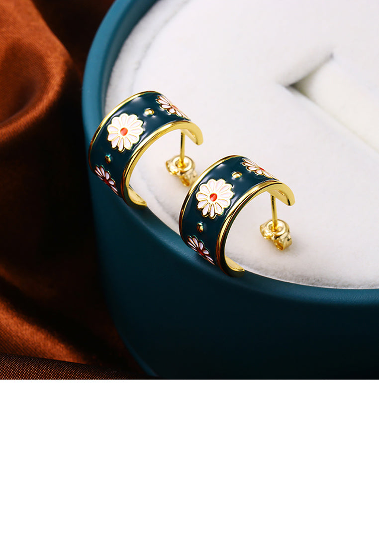 Vintage Elegant Plated Gold Enamel Small Daisy Geometric Round Stud Earrings