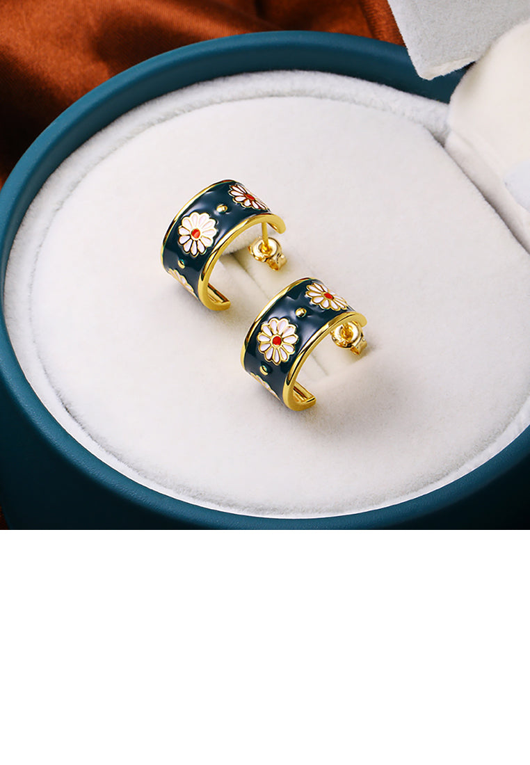 Vintage Elegant Plated Gold Enamel Small Daisy Geometric Round Stud Earrings